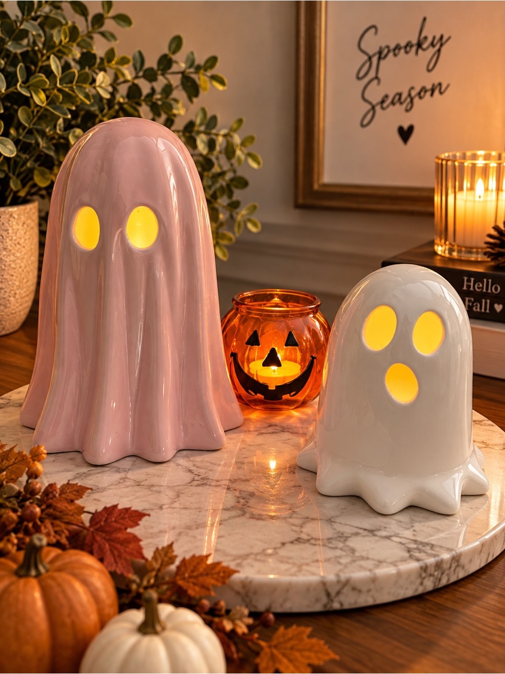 Ceramic Ghost Lanterns Set - Pink and White